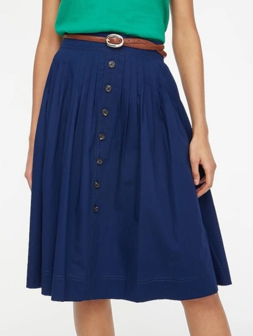 J. Crew Pleated button-front midi skirt Cotton Poplin Navy Blue Size Large